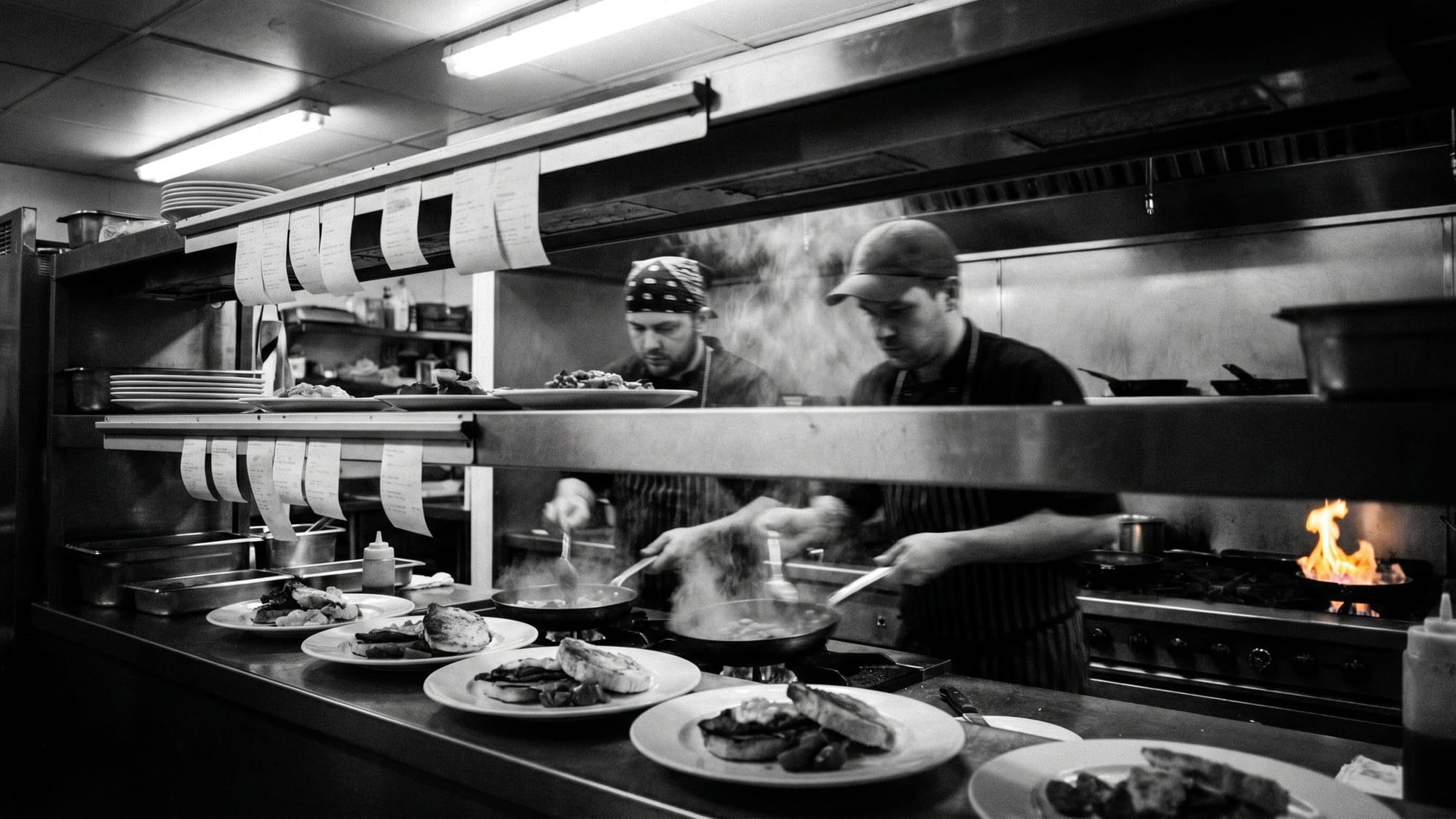 Line cooks plating during service in a busy full-service kitchen
